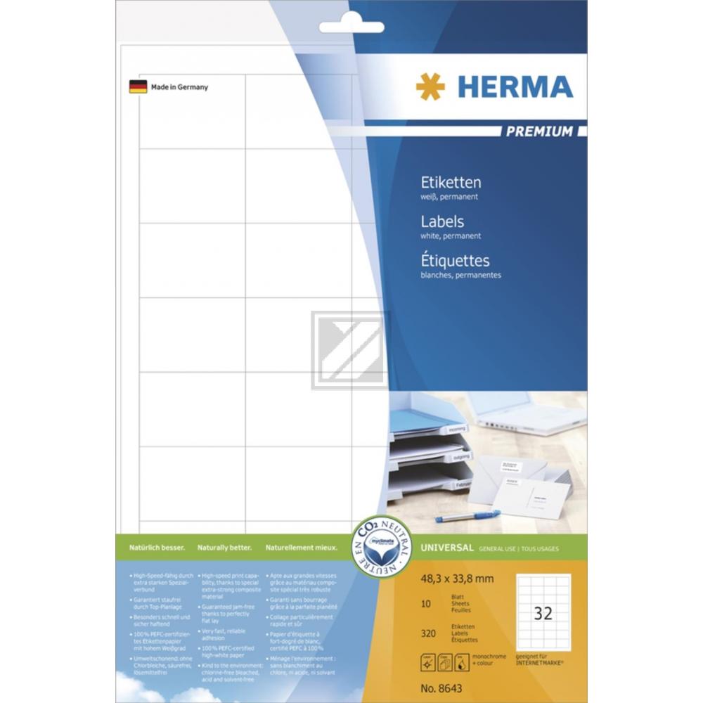 Herma Etiketten A4 weiß 48,3 x 33,8 mm Papier matt Inh.320 Premium