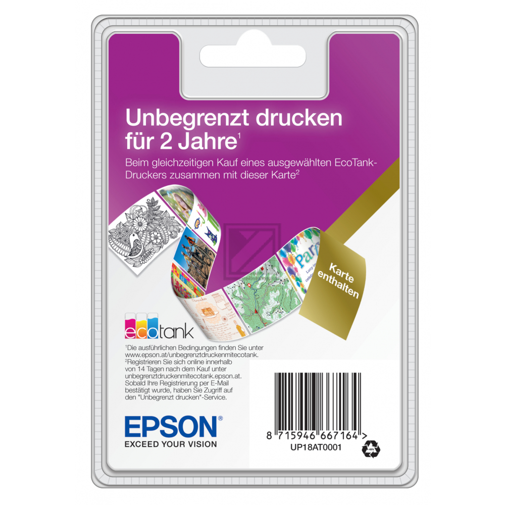 EcoTank unlimited printing EDG ATDie Karte muss zusammen mit dem EcoTank gekauft werden, Aktionsmodelle: ET2600, ET2650, ET2710, ET2711, ET2700, ET2750, ET3700, ET3750, ET4500, ET4700, ET4750 und die entsprechenden Tintenflaschen. Ausgenommen sind: ET7700