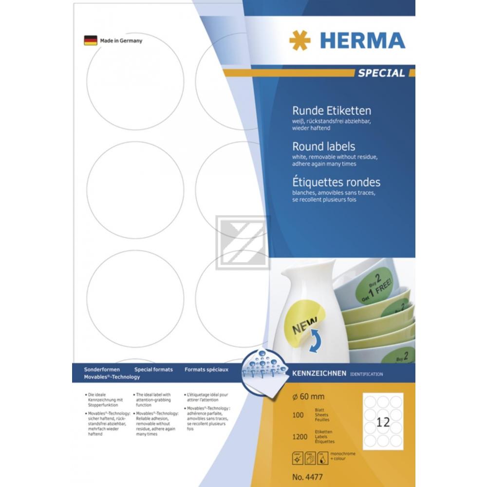 Herma Etiketten A4 weiß rund ø 60 mm ablösbar Papier Inh.1200