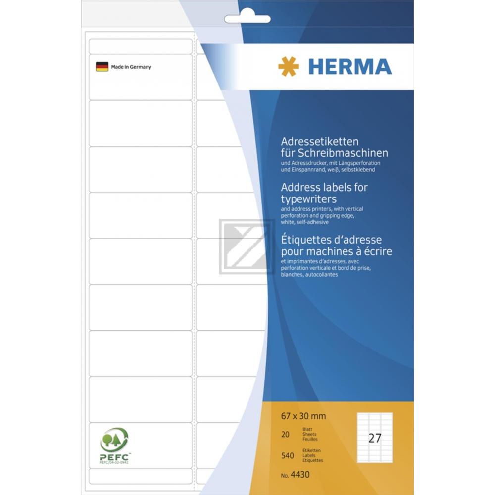 Herma Adressetiketten A4 weiß 67 x 30 mm Papier matt Inh.540 für Schreibmaschinen