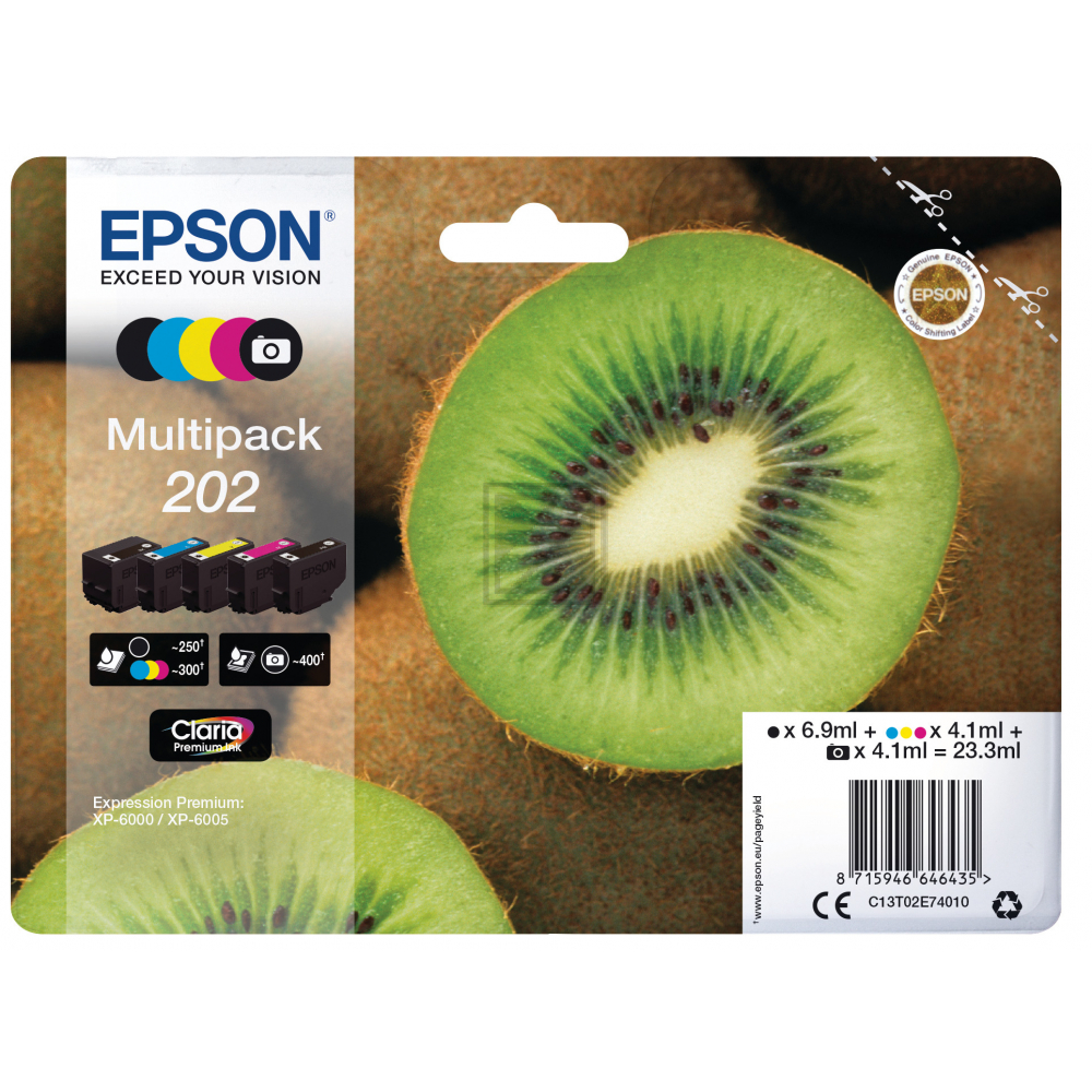 Epson Tintenpatrone gelb, magenta, schwarz, schwarz photo, cyan SC (C13T02E74020, 202)