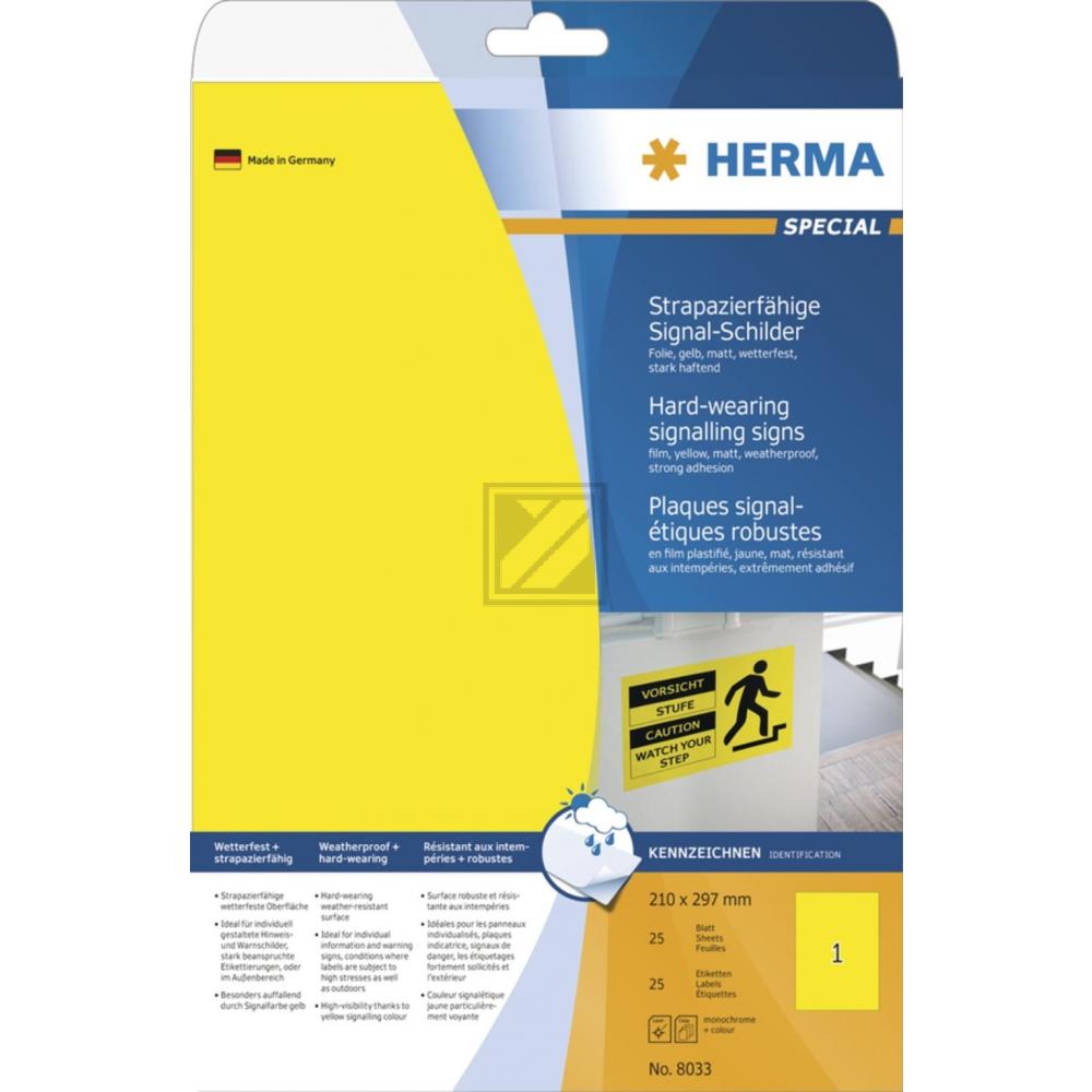 Herma Signal-Schilder A4 gelb 210 x 297 mm Folie matt Inh.25 stark haftend wetterfest