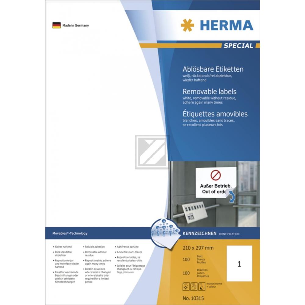 Herma Haftetiketten A4 weiß 210 x 297 mm ablösbar Papier Inh.100