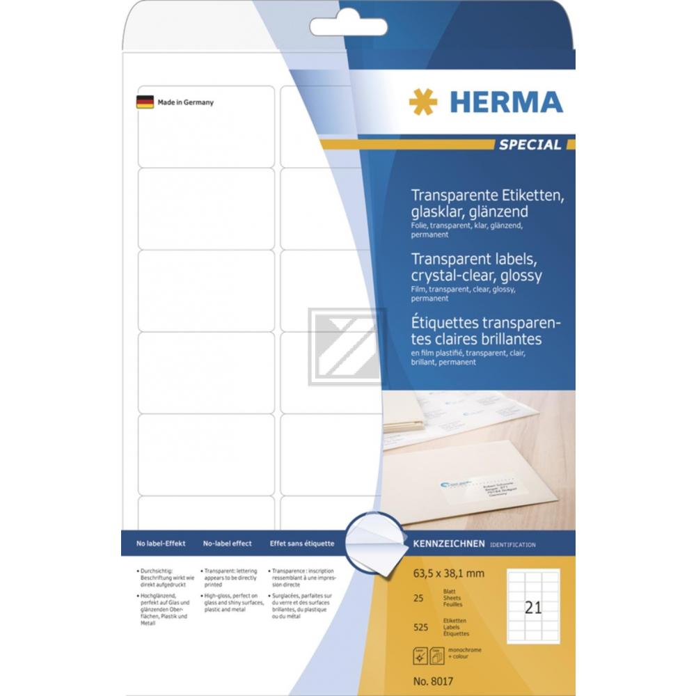 Herma Folien-Etiketten A4 63,5 x 38,1 mm transparent Inh.525 klar glänzend