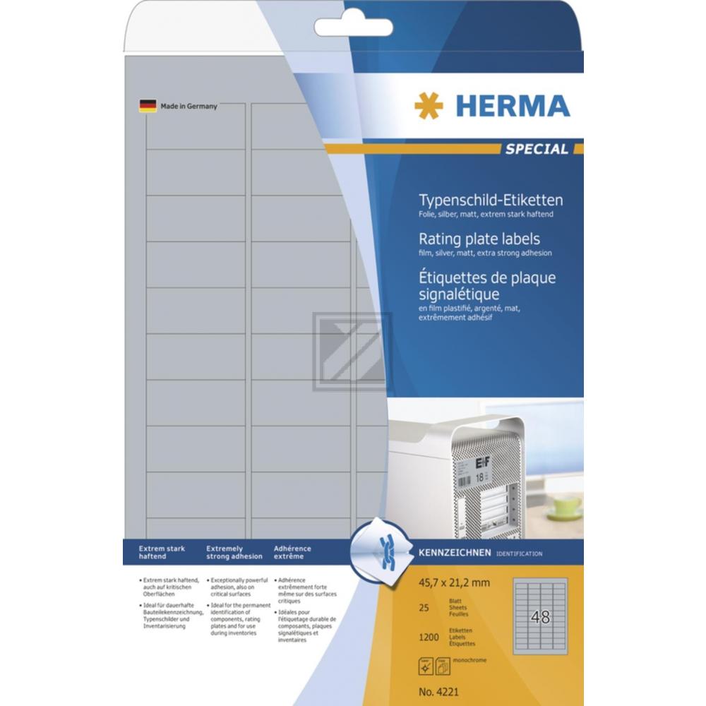 Herma Typenschildetiketten A4 silber 45,7 x 21,2 mm extrem stark haft. Folie matt Inh.1200