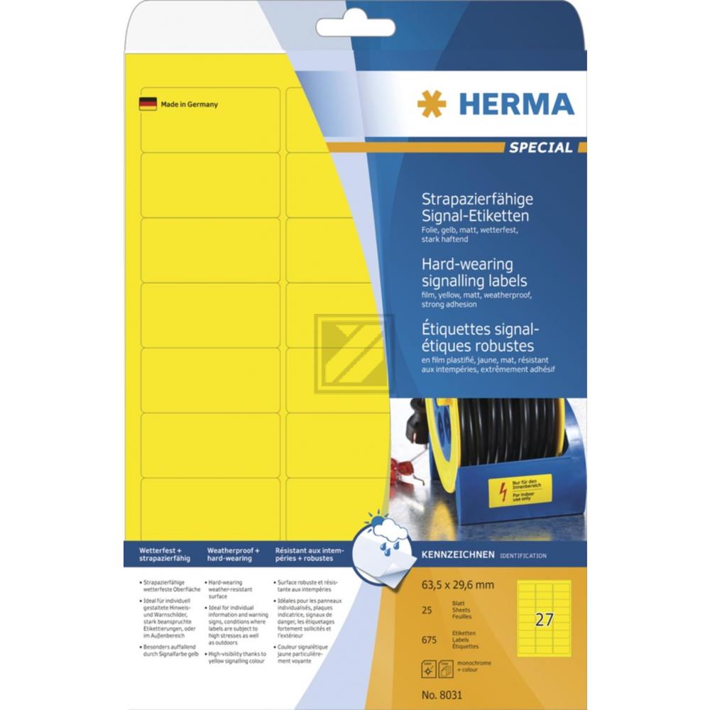 Herma Signal-Etiketten A4 gelb 63,5 x 29,6 mm Folie matt Inh.675 stark haftend wetterfest