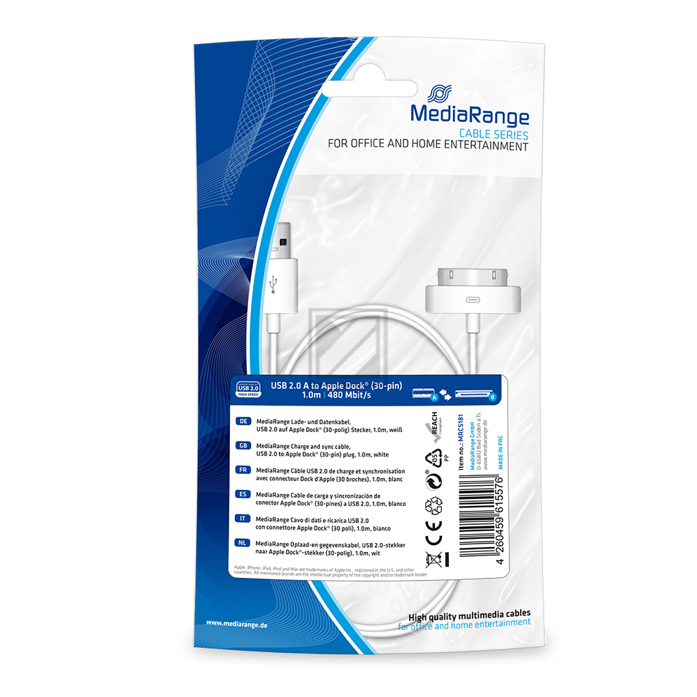 MEDIARANGE LADE- UND DATENKABEL 1m MRCS181 USB 2.0 Apple Dock weiss